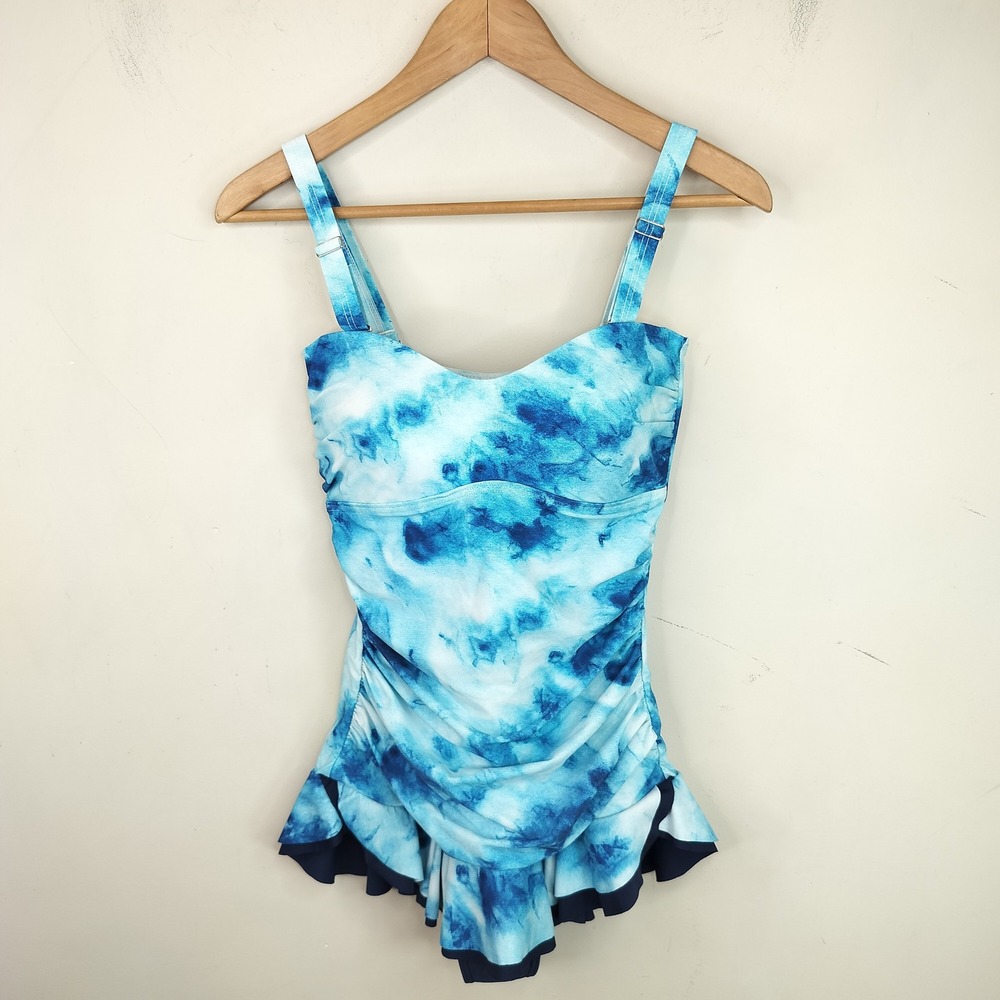 Mazu Swim Ruffled One Piece Swimsuit Dress Small Women's Tie Dye Blue